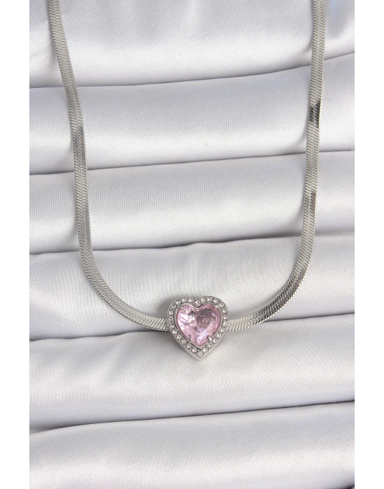 316L Çelik Gümüş Renk İtalyan Zincir Pembe Zirkon Taşlı Kalp Model Kadın Kolye