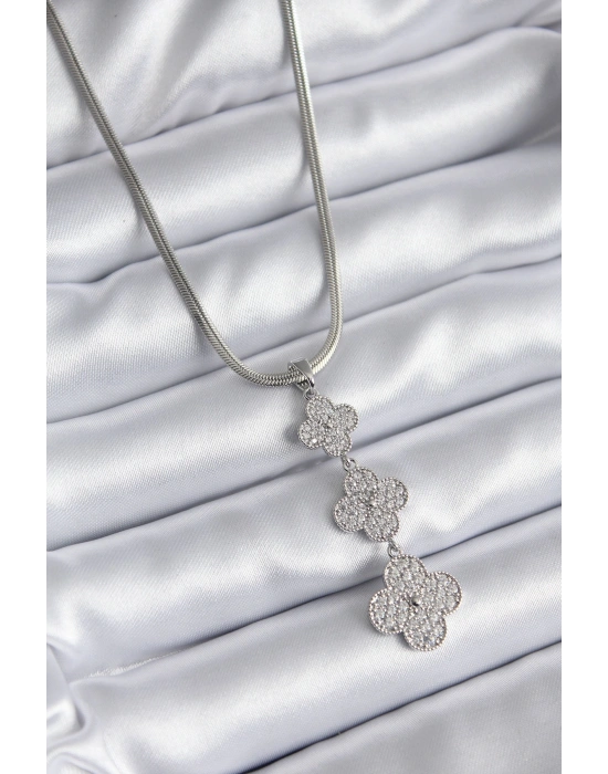 316L Çelik Gümüş Renk İtalyan Zincir Zirkon Taşı Yonca Model Kadın Kolye