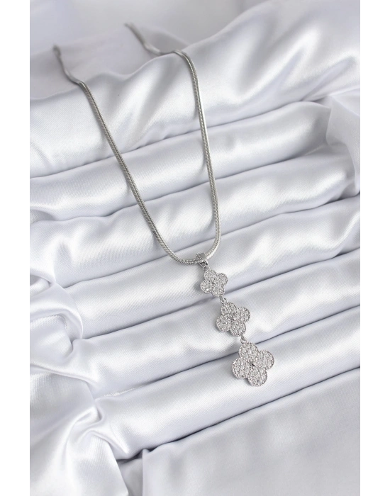 316L Çelik Gümüş Renk İtalyan Zincir Zirkon Taşı Yonca Model Kadın Kolye