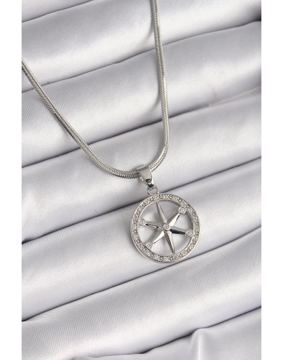 316L Çelik Gümüş Renk İtalyan Zincir Zirkon Taşlı Kutup Yıldız Model Kadın Kolye