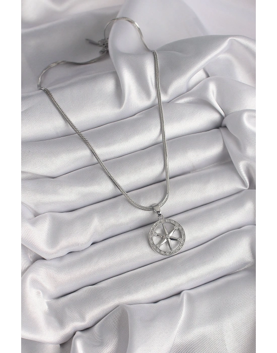 316L Çelik Gümüş Renk İtalyan Zincir Zirkon Taşlı Kutup Yıldız Model Kadın Kolye