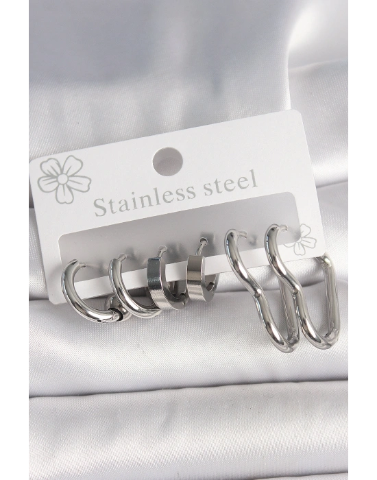 316L Çelik Gümüş Renk Kalp Halka Model Kadın Küpe Seti