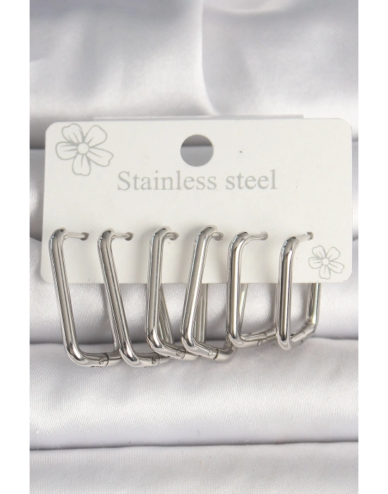 316L Çelik Gümüş Renk Kare Model Kadın Küpe Seti