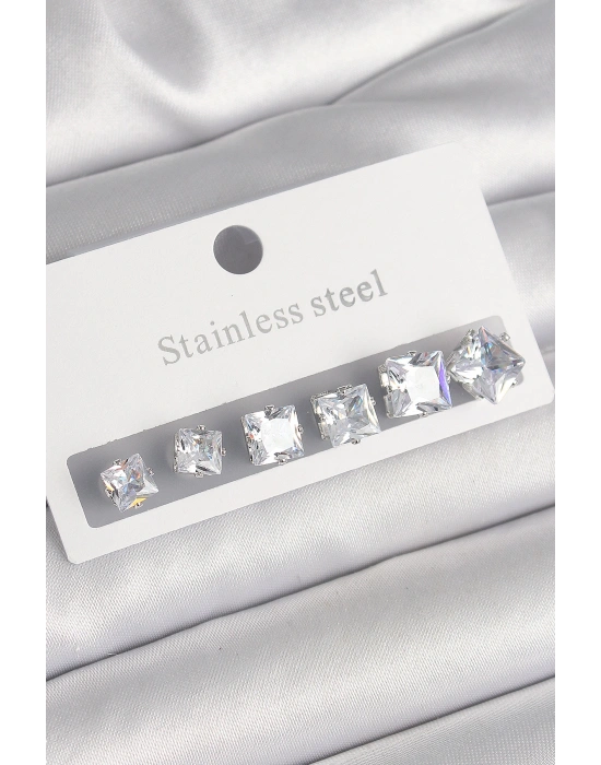 316L Çelik Gümüş Renk Kare Zirkon Taşlı Kadın Küpe Seti
