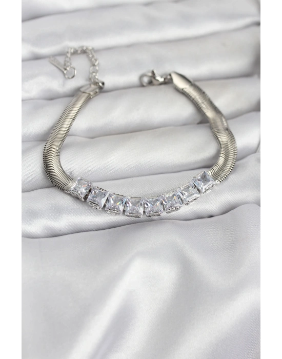 316L Çelik Gümüş Renk Kare Zirkon Taşlı Yılan Zincirli Kadın Bileklik