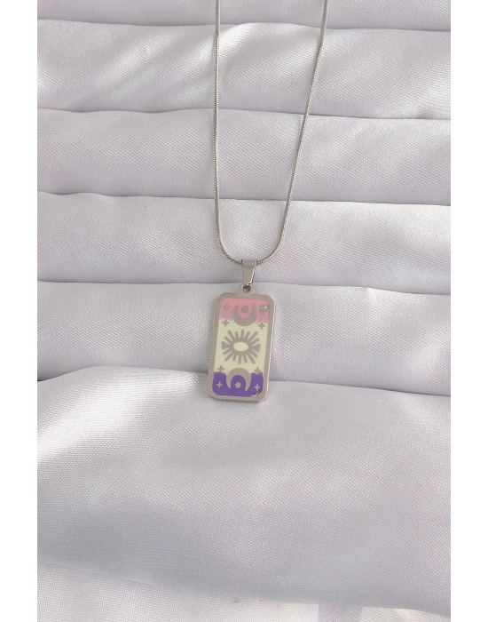 316L Çelik Gümüş Renk Karışık Mineli Ay Figür Tarot Kolye