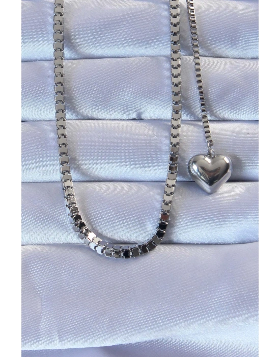 316L Çelik Gümüş Renk Küp Zincirli Kalpli Kolye