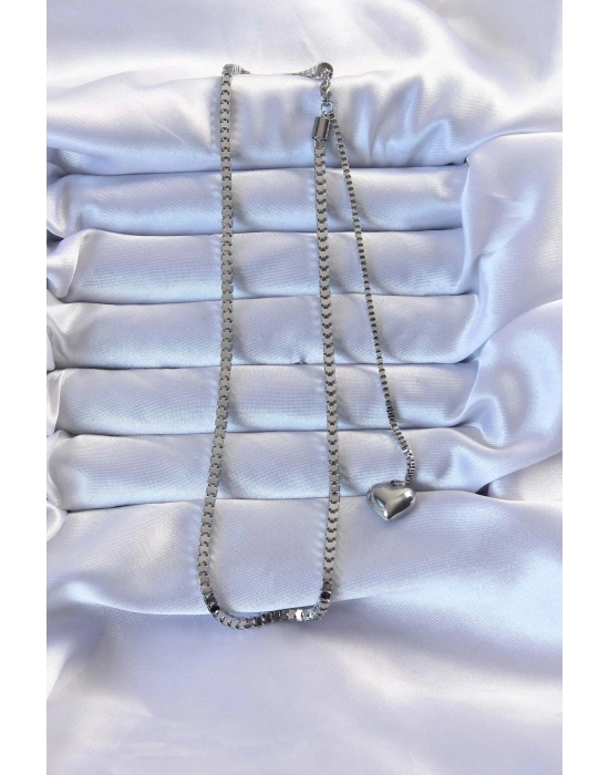 316L Çelik Gümüş Renk Küp Zincirli Kalpli Kolye
