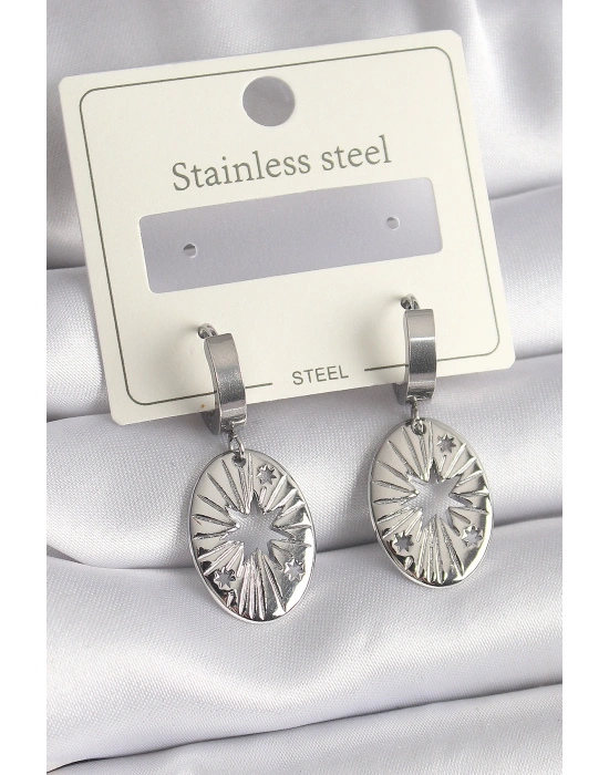 316L Çelik Gümüş Renk Kutup Yıldızı İşleme Kadın Küpe