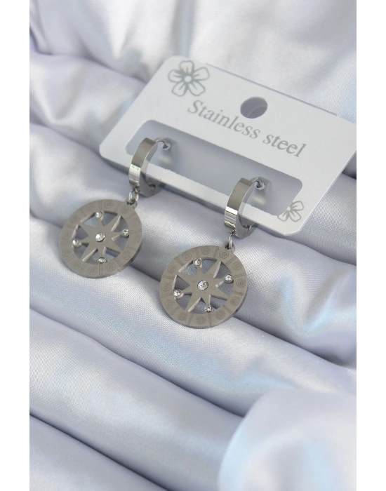 316L Çelik Gümüş Renk Kutup Yıldızı Model Zirkon Taş İşleme Detay Kadın Küpe