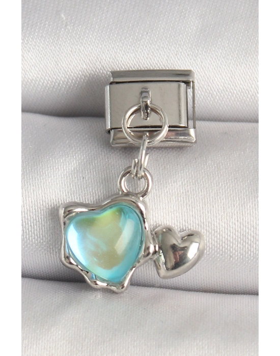 316L Çelik Gümüş Renk Mavi Mineli Kalp Model Nomination Charm