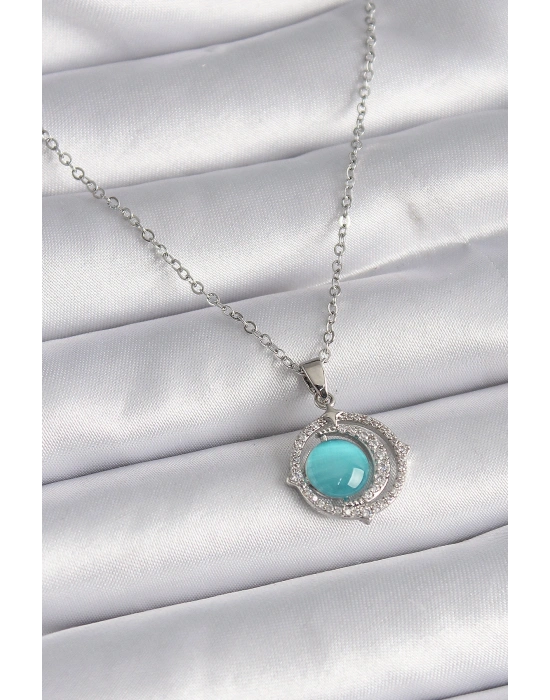 316L Çelik Gümüş Renk Mavi Sedefli Hilal Model Kadın Kolye