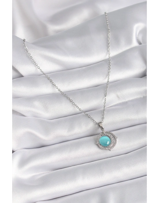 316L Çelik Gümüş Renk Mavi Sedefli Hilal Model Kadın Kolye