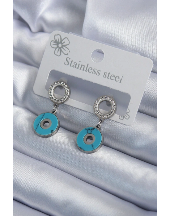 316L Çelik Gümüş Renk Mavi Taşlı Zirkon Taşlı Kadın Küpe