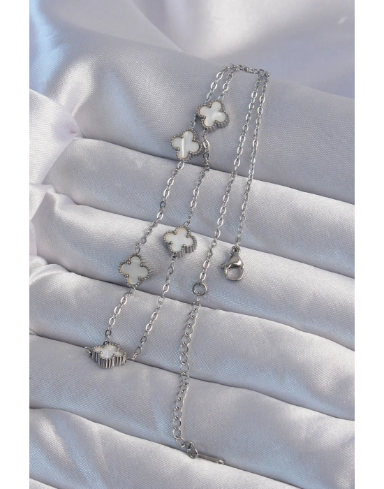 316L Çelik Gümüş Renk Minimal Beyaz Sedefli Yonca Kolye