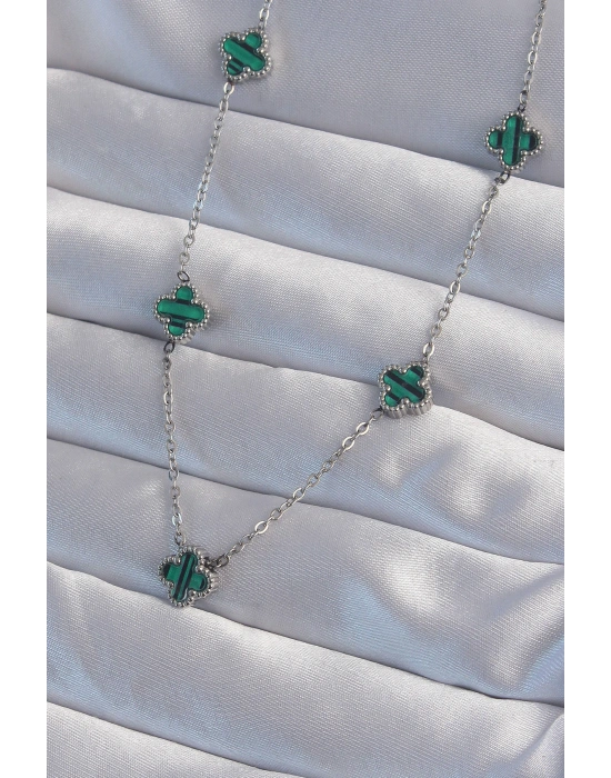 316L Çelik Gümüş Renk Minimal Yeşil Mineli Yonca Kolye