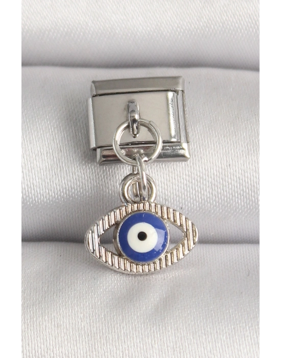 316L Çelik Gümüş Renk Nazar Boncuk Detaylı Göz Model Nomination Charm
