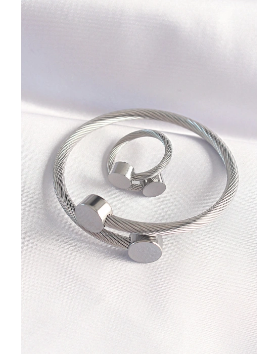 316L Çelik Gümüş Renk Oval Aksesuarlı Burgu Model Bileklik ve Yüzük Kombini