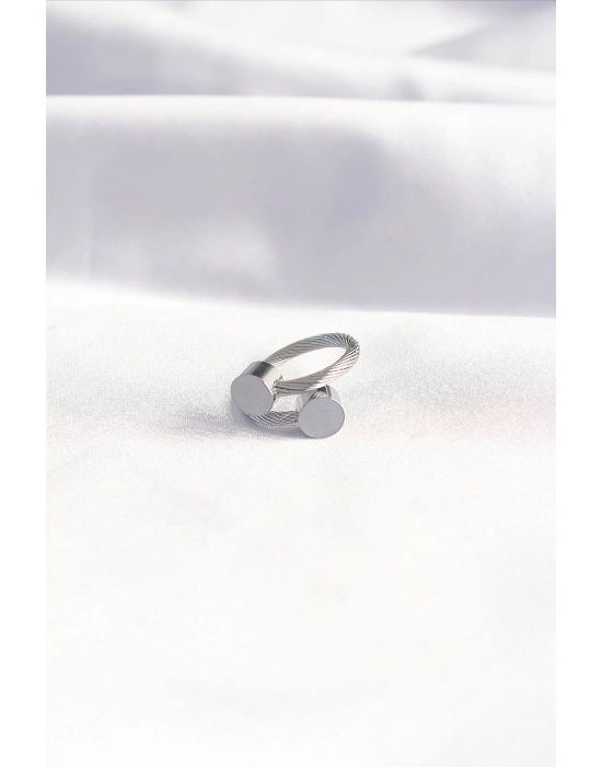 316L Çelik Gümüş Renk Oval Aksesuarlı Burgu Model Bileklik ve Yüzük Kombini