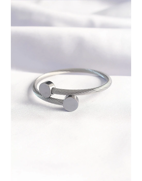 316L Çelik Gümüş Renk Oval Aksesuarlı Burgu Model Bileklik ve Yüzük Kombini