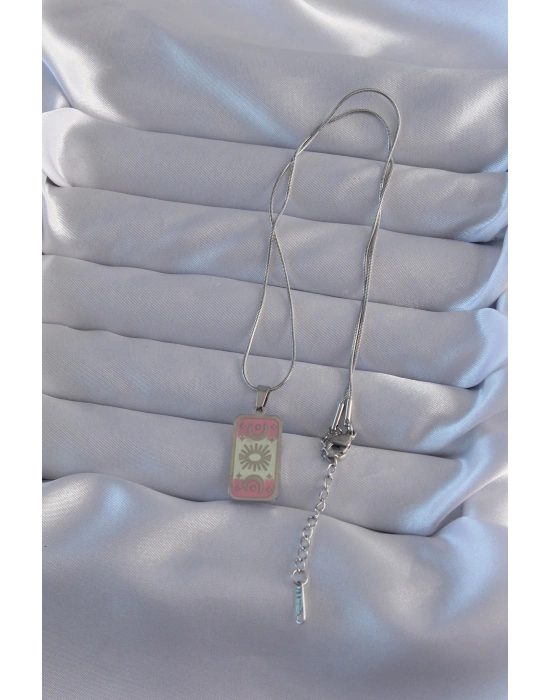 316L Çelik Gümüş Renk Pembe Mineli Ay Figür Tarot Kolye