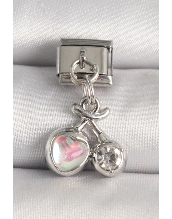 316L Çelik Gümüş Renk Pembe Mineli Kalp Zirkon Taş Detay Nomination Charm