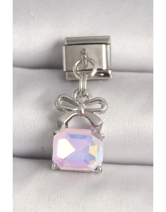 316L Çelik Gümüş Renk Pembe Zirkon Taşlı Çanta Model Nomination Charm