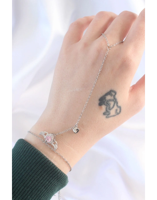 316L Çelik Gümüş Renk Pembe Zirkon Taşlı Kanatlı Kalp Model Şahmeran