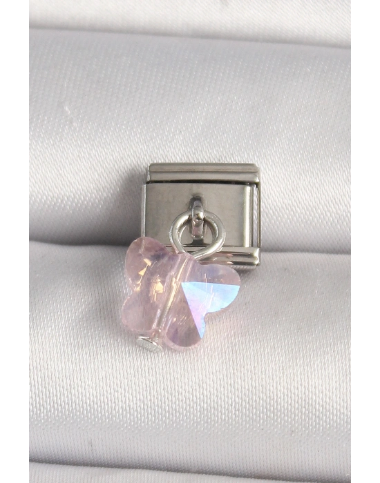 316L Çelik Gümüş Renk Pembe Zirkon Taşlı Kelebek Model Nomination Charm