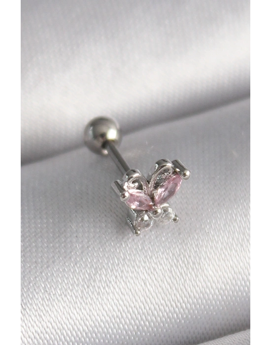 316L Çelik Gümüş Renk Pembe Zirkon Taşlı Kelebek Tragus Piercing