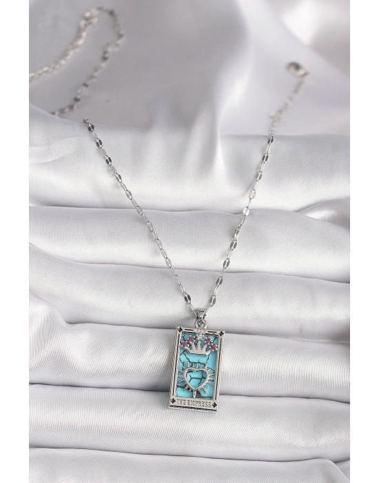 316L Çelik Gümüş Renk Pembe Zirkon Taşlı Taç Kalp Portre Model Kadın Kole