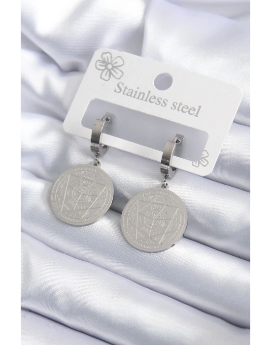 316L Çelik Gümüş Renk Pentagram İşleme Model Kadın Küpe