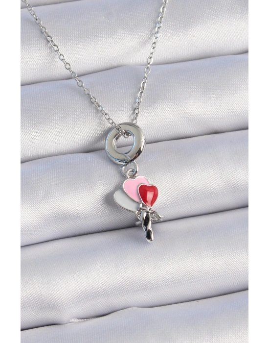 316L Çelik Gümüş Renk Renkli Kalp Figür Charm Model Kadın Kolye