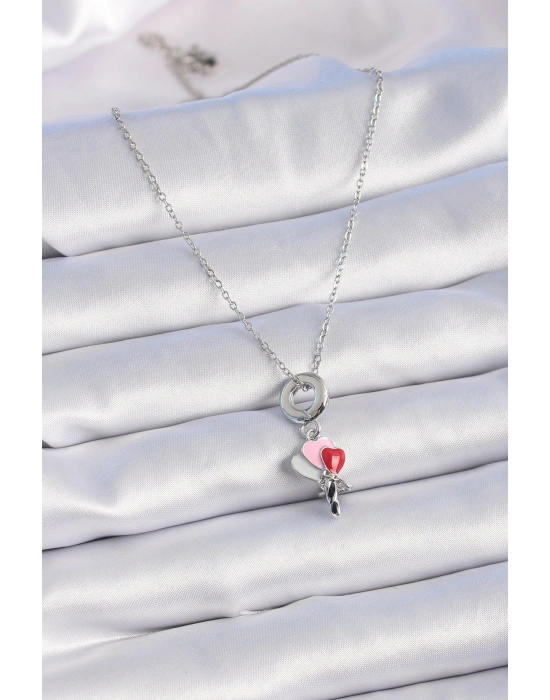 316L Çelik Gümüş Renk Renkli Kalp Figür Charm Model Kadın Kolye