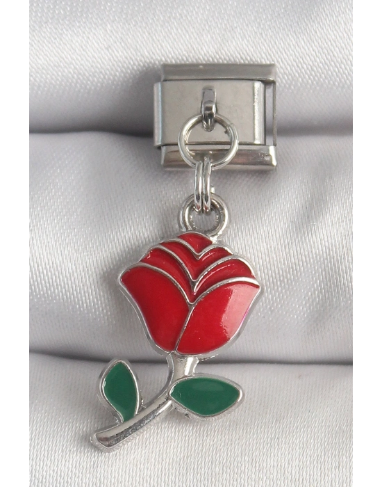 316L Çelik Gümüş Renk Sallantı Kırmızı Gül Model Nomination Charm