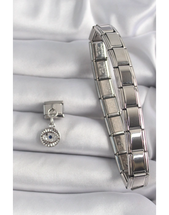 316L Çelik Gümüş Renk Sallantı Zirkon Taşlı Göz Model Nomination Charm