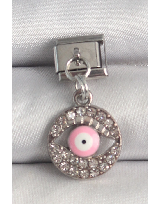 316L Çelik Gümüş Renk Sallantı Zirkon Taşlı Pembe Göz Model Nomination Charm