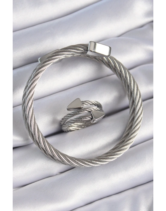 316L Çelik Gümüş Renk Sarmal Model Erkek Bileklik Yüzük Kombini