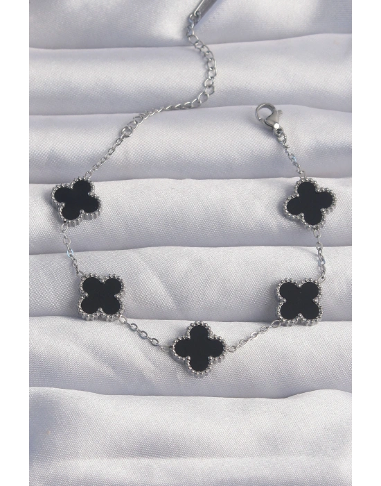 316L Çelik Gümüş Renk Siyah Mineli Yonca Bileklik