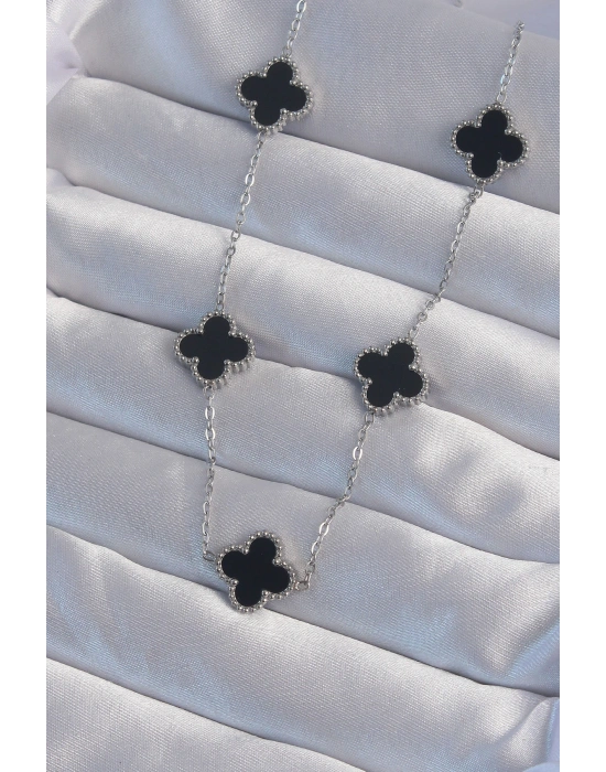 316L Çelik Gümüş Renk Siyah Mineli Yonca Kolye