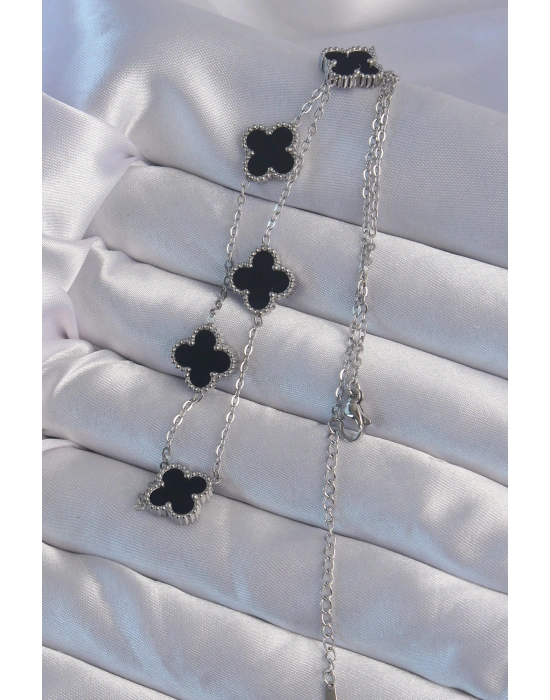 316L Çelik Gümüş Renk Siyah Mineli Yonca Kolye