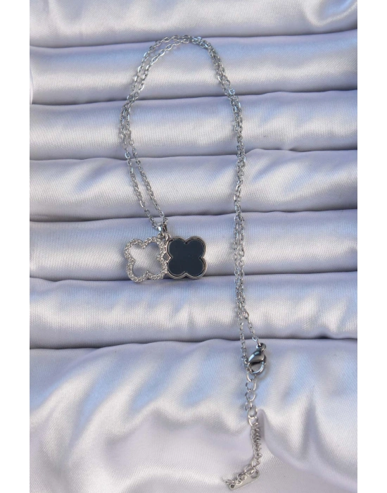 316L Çelik Gümüş Renk Siyah Mineli Zirkon Taşlı Yonca Figürlü Kolye