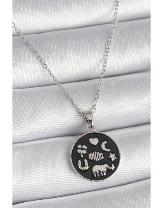 316L Çelik Gümüş Renk Siyah Renk Şans Kolyesi