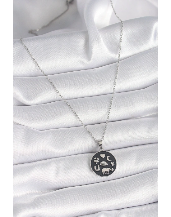 316L Çelik Gümüş Renk Siyah Renk Şans Kolyesi