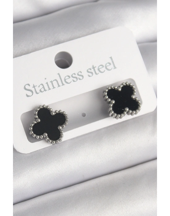 316L Çelik Gümüş Renk Siyah Yonca Model Kadın Küpe