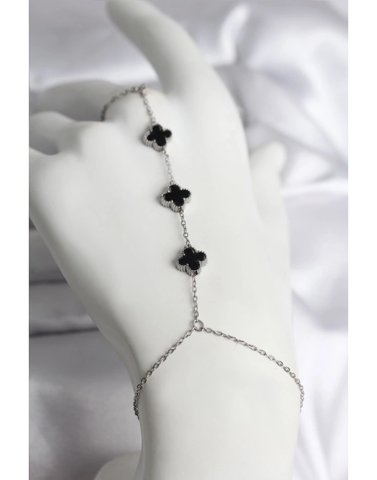 316L Çelik Gümüş Renk Siyah Yonca Model Kadın Şahmeran