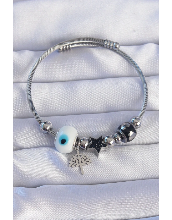 316L Çelik Gümüş Renk Siyah Zirkon Taşlı Yıldız Tasarımlı Ağaç Detay Nazarlı Charm Bileklik