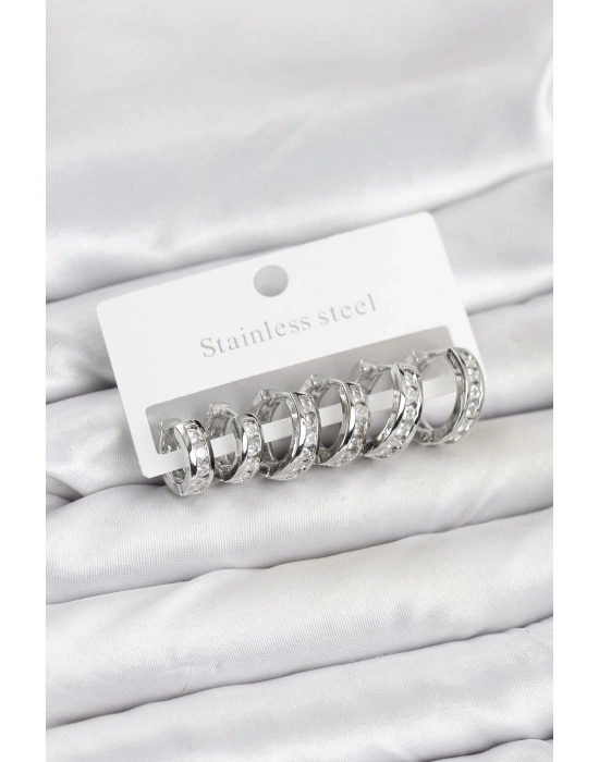 316L Çelik Gümüş Renk Su Yolu Halka Küpe Seti