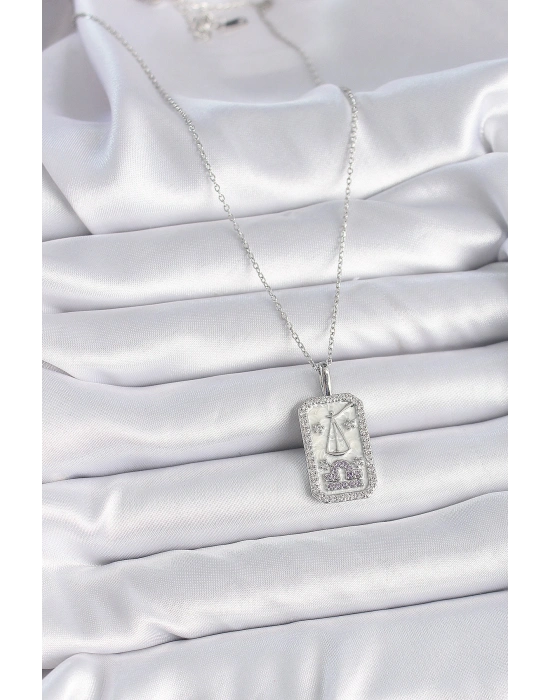 316L Çelik Gümüş Renk Terazi Burcu Zirkon Taşlı Kadın Kolye