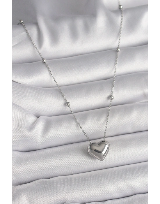 316L Çelik Gümüş Renk Topçuk Detay Zincir Kalp Model Kadın Kolye